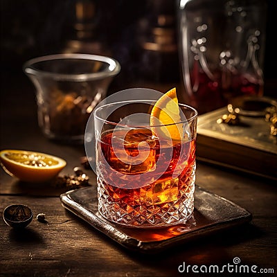 Bitter and complex Sazerac cocktail made with rye whiskey, absinthe, sugar cube, bitters, lemon twist. AI generated Stock Photo