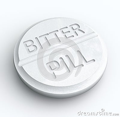 Bitter Pill Hard Medicine to Swallow Word Prescription Tablet Stock Photo