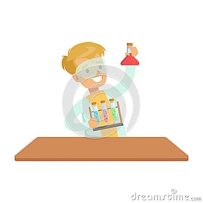 Biy Chemist And Test Tubes, Kid Doing Chemistry Science Research Dreaming Of Becoming Professional Scientist In The Vector Illustration