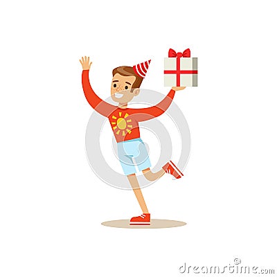 Biy Running With Present, Kids Birthday Party Scene With Cartoon Smiling Character Vector Illustration