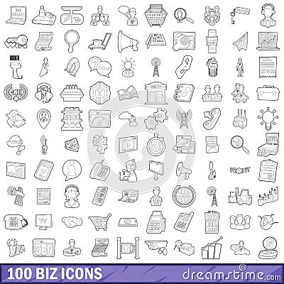 100 biz icons set, outline style Vector Illustration