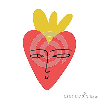 Bizarre burning Valentines day heart modern abstract face. Groovy emoji heart shape. Funky hippie mad weird 60s 70s Vector Illustration