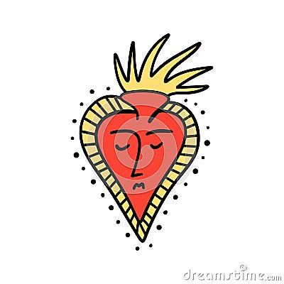 Bizarre burning Valentines day heart modern abstract face. Groovy emoji heart shape. Funky hippie mad weird 60s 70s Vector Illustration