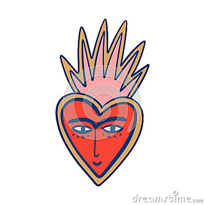 Bizarre burning Valentines day heart modern abstract face. Groovy emoji heart shape. Funky hippie mad weird 60s 70s Vector Illustration