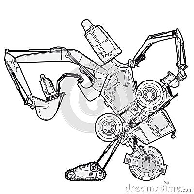 Bizarre outlined machine robot build from ground works components vehicles. Vector Illustration