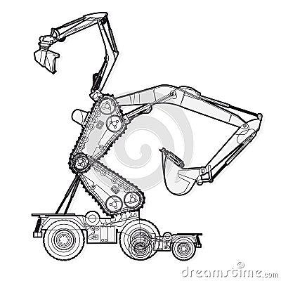 Bizarre outlined machine robot build from ground works components vehicles. Vector Illustration
