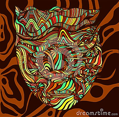 Bizarre surreal tribal colorful shaman face with many ornaments. Vector Illustration