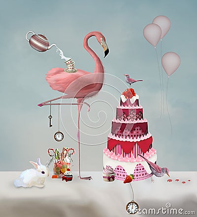 Surreal wonderland party with a pink flamingo Cartoon Illustration