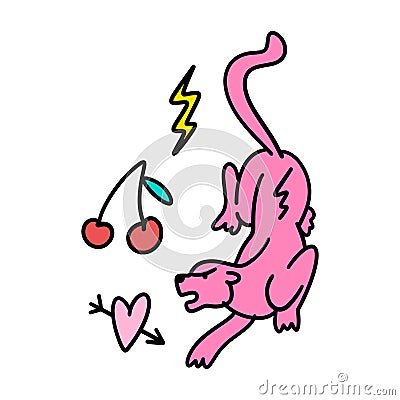 Bizarre Valentines day characters set. Panther cat, heart, lighting and cherries. Groovy cartoon stickers. Funky hippie Vector Illustration