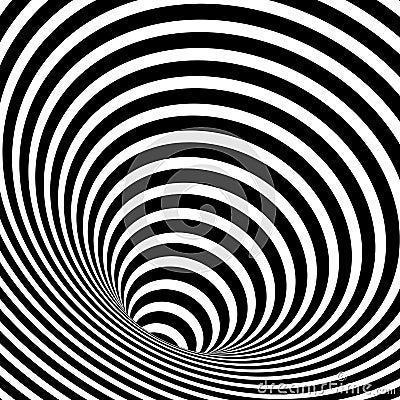 Wormhole Optical Illusion, Geometric Black and White Abstract Hypnotic Worm Hole Tunnel, Abstract Twisted Vector Illusion 3D Opart Vector Illustration