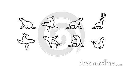 Set of pack Black outline line seal sea animal with simple shilouette logo icon designs vector illustration Vector Illustration