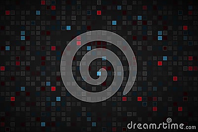 Black abstract background with different transparent squares. Red, blue and grey mosaic look Vector Illustration