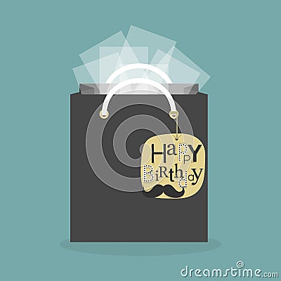 Black abstract gift bag with tissue papers and hanging happy birthday tag icon Vector Illustration