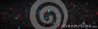 Black abstract header with different transparent squares. Red, blue and grey mosaic look banner Vector Illustration