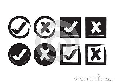 Black abstract inky circle and square check mark and crossed mark icons set Vector Illustration