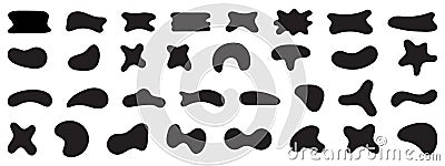Black abstract shapes, organic blobs and blotch of irregular shape. Inkblot silhouettes, simple liquid splodge elements. Vector Illustration