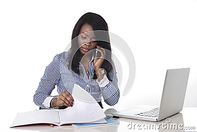 Black African American ethnicity frustrated woman working in stress at office Stock Photo