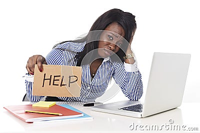 Black African American ethnicity frustrated woman working in stress at office Stock Photo