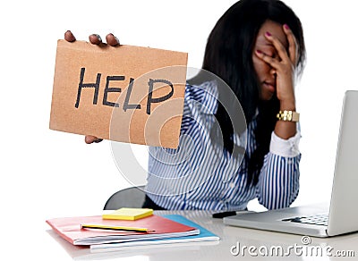 Black African American ethnicity frustrated woman working in stress at office Stock Photo