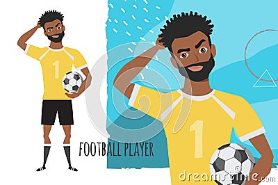 The black african american football player is pensive, thinking. Portrait of handsome young thoughtful soccer player Vector Illustration