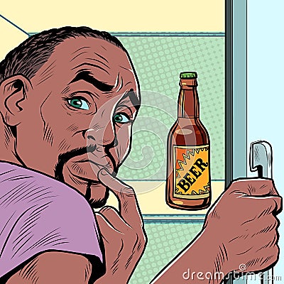 a black african american man near the refrigerator with beer. Alcohol addiction Vector Illustration