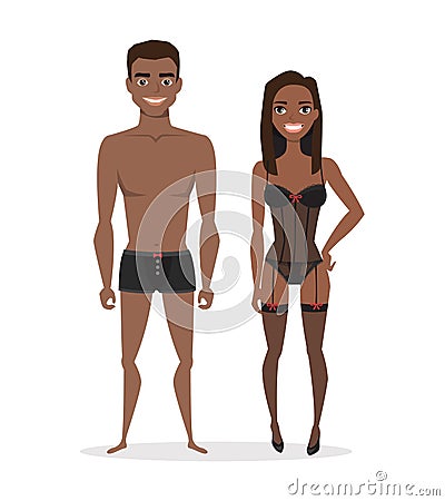 Black african american man and woman in lingerie. Cartoon style. Vector Illustration