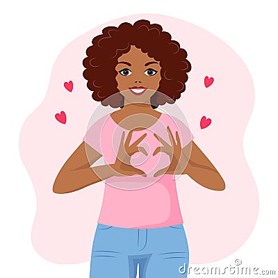 A black African American woman with a joyful expression shows a heart with her hands. Human emotions. Flat style illustration Vector Illustration