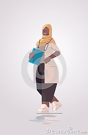 Black african muslim woman doctor in uniform holding checklist medicine healthcare concept Vector Illustration