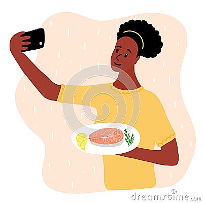 Black african woman food blogger making photo selfie with salmon steak and lemon and rosemary for blog. Cute girl with smartphone Cartoon Illustration