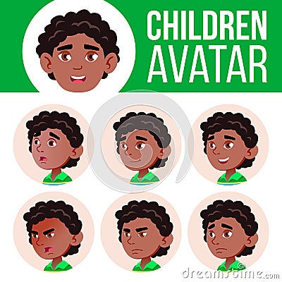 Black, Afro American Boy Avatar Set Kid Vector. Kindergarten. Face Emotions. Happy Childhood, Positive Person. Smile Vector Illustration