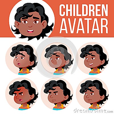 Black, Afro American Boy Avatar Set Kid Vector. Kindergarten. Face Emotions. Portrait, User, Child. Junior, Pre-school Vector Illustration