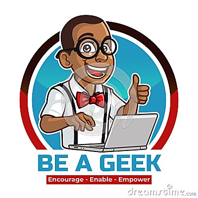 Black Afro American Boy Computer hacker Programmer Geek Cartoon Logo Vector Illustration