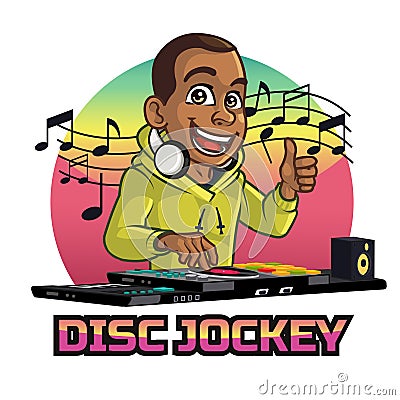 Black Afro American Boy Disc Jockey DJ Cartoon Logo Vector Illustration