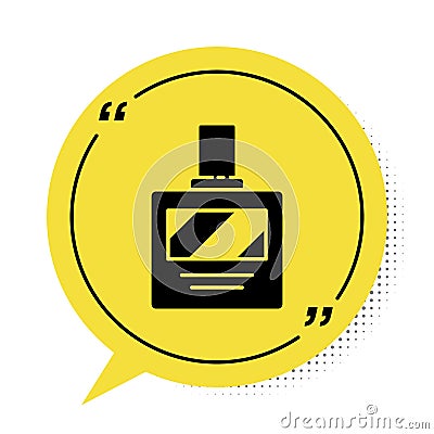 Black Aftershave icon isolated on white background. Cologne spray icon. Male perfume bottle. Yellow speech bubble symbol Vector Illustration