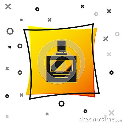 Black Aftershave icon isolated on white background. Cologne spray icon. Male perfume bottle. Yellow square button Vector Illustration