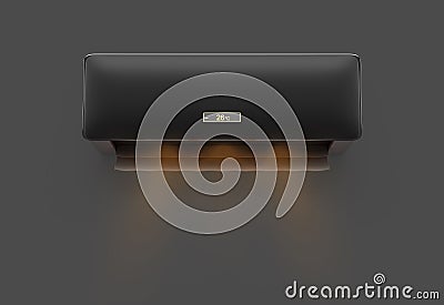 Black air conditioner with warm wind wave 3d render. Realistic mockup electronic appliance with heat flow on dark wall Cartoon Illustration