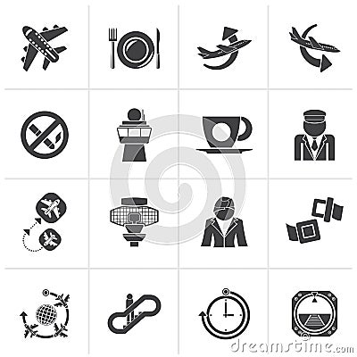 Black Aircraft, airport and Plane Icons Vector Illustration