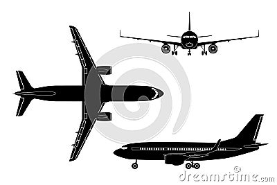 Black airplane silhouette on a white background. Top view, front Cartoon Illustration