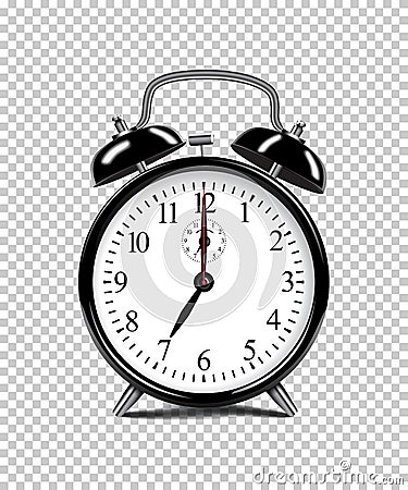 Black alarm clock isolated on transparent background. Vector realistic illustration. Vector Illustration