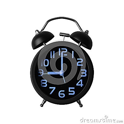 Black alarm clock isolated on white. Stock Photo