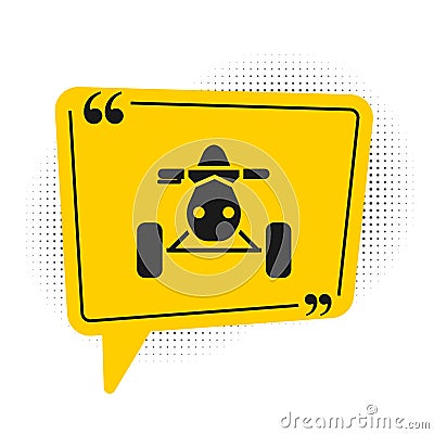 Black All Terrain Vehicle or ATV motorcycle icon isolated on white background. Quad bike. Extreme sport. Yellow speech Vector Illustration