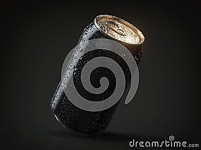 Black aluminum soda or beer can with drops on black background. Mock up Cartoon Illustration