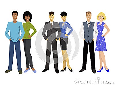 Black American, asian and european couple, mans and womans. Vector Illustration