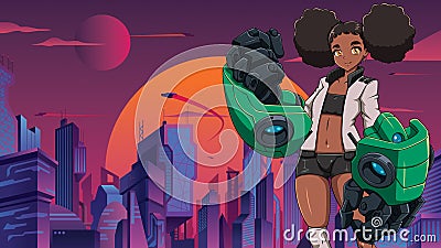 Black Anime Girl with Robotic Arms Vector Illustration