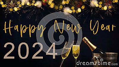 Happy new Year 2024, celebration new year's eve holiday background greeting card - Clinking glasses, sparkling wine Stock Photo