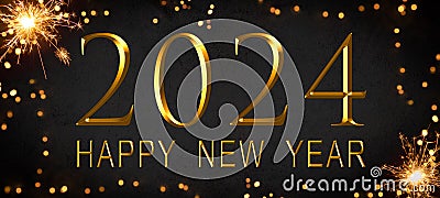 happy new year 2024 gold sparklers on dark black night texture Stock Photo