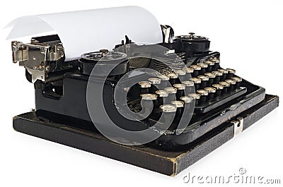 Black antique typewriter, with white blank sheet of paper. Stock Photo