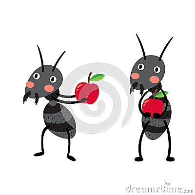 Black ants with red apples cartoon character. Vector Illustration