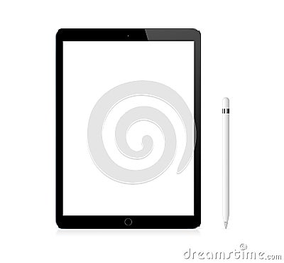 Black Apple iPad Pro portable device with pencil Stock Photo