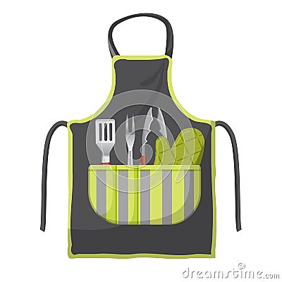 Black apron with various accessories in pocket for grill isolated Vector Illustration